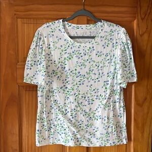 NWOT LOFT White Tee with Blue and Green Floral Design